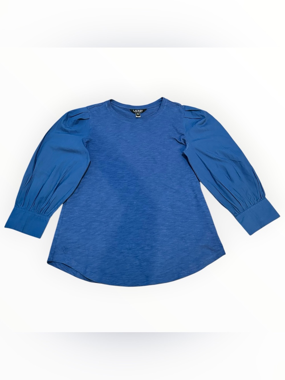 NWT Lauren Ralph Lauren Blue Puff Sleeve Top Womens Small Gold Button MSRP$99.50